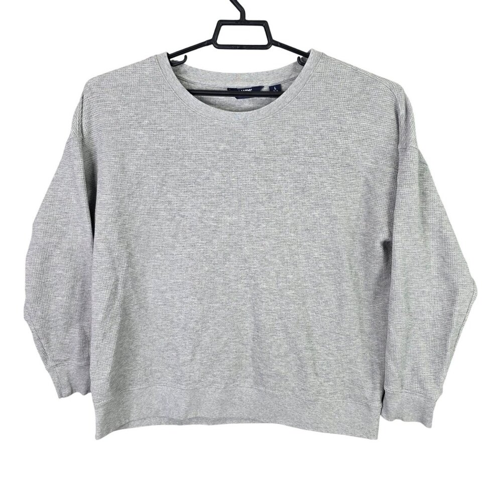 Womens Land's End Gray Waffle Knit Thermal Sweatshirt Long Sleeve Round Neck L